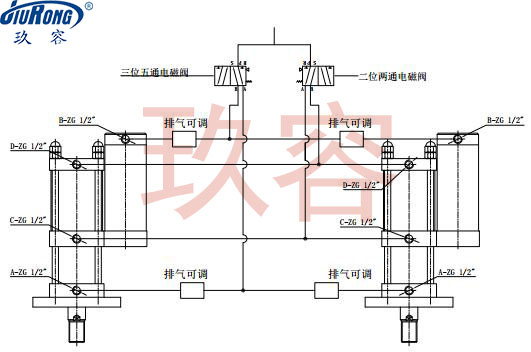 多個增壓缸多點鉚接機(jī)上的增壓缸同步動作連接原理圖